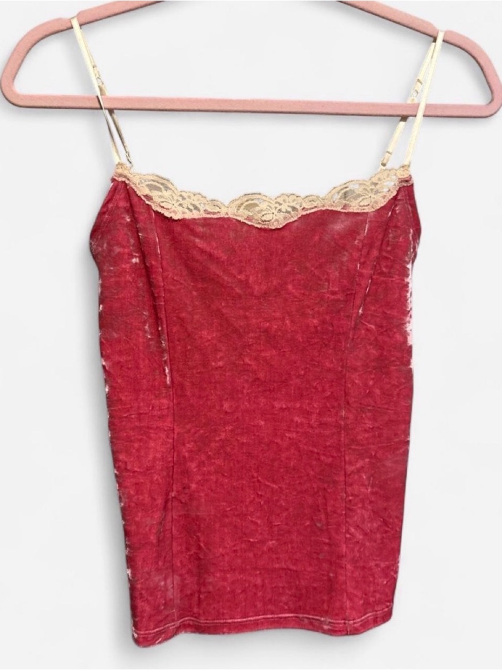 2000s Banana Republic Pink Velvet Camisole with Cream Lace Trim